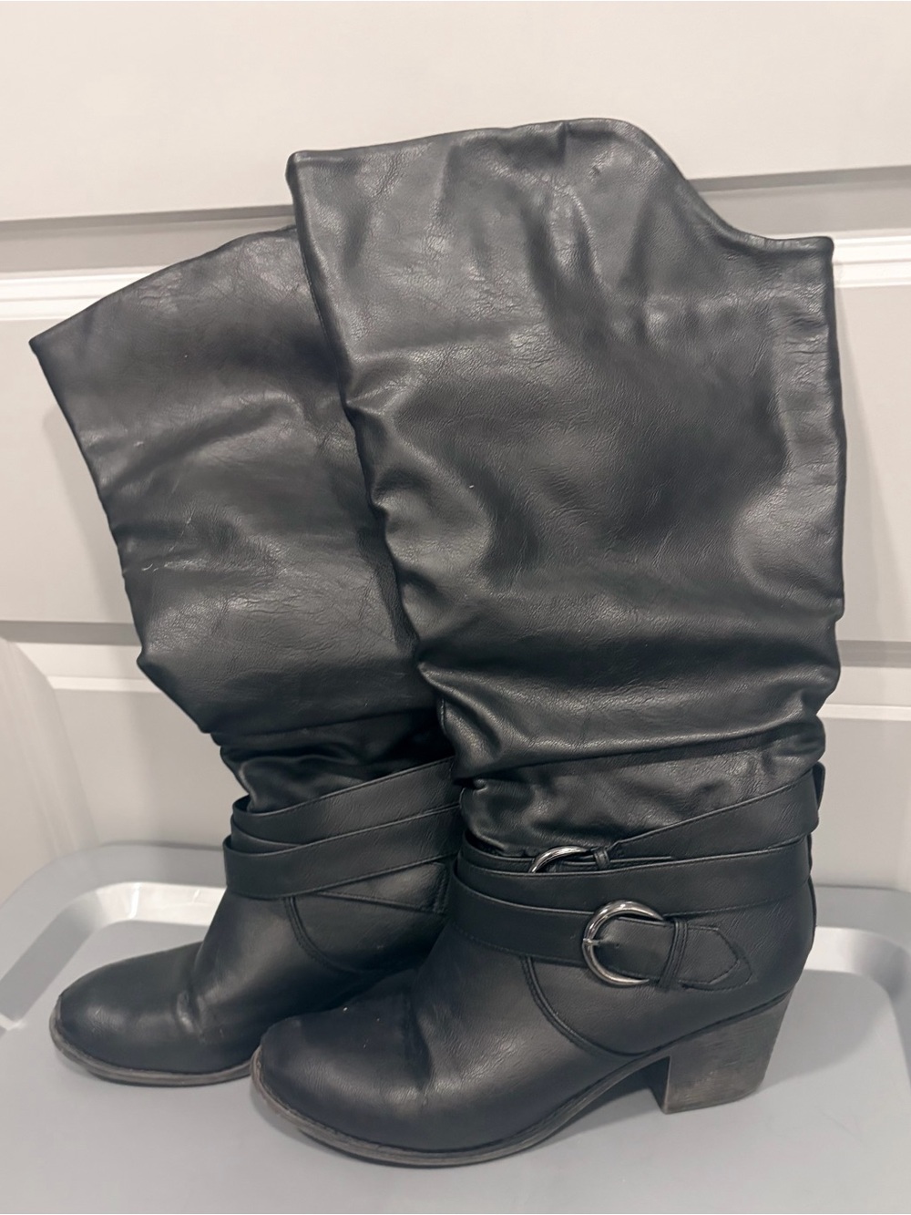 Black Slouch Mid-Calf Boots with Buckle Strap - Women